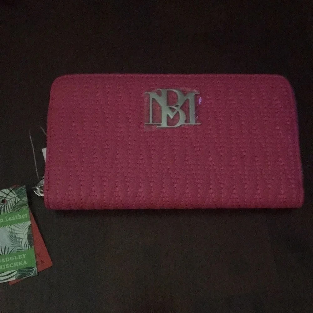 Badgley Mischka Wallet Hot Pink braid stitching Vegan NWT